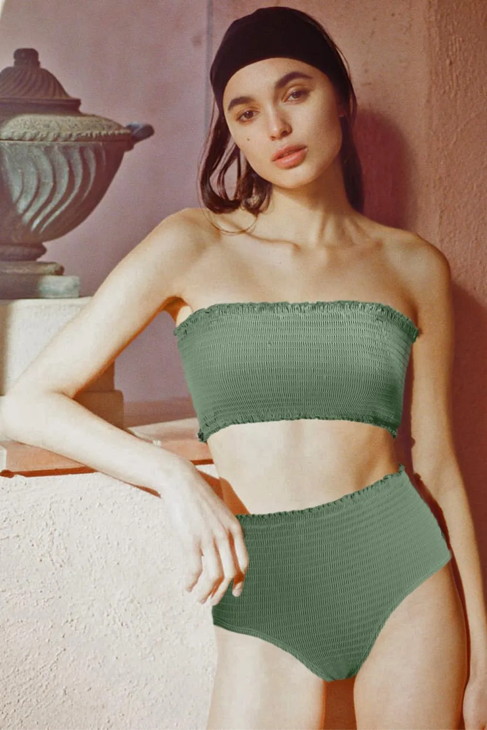 Ruffled Trim Smock Beadeau Top High Waist Bikini Set