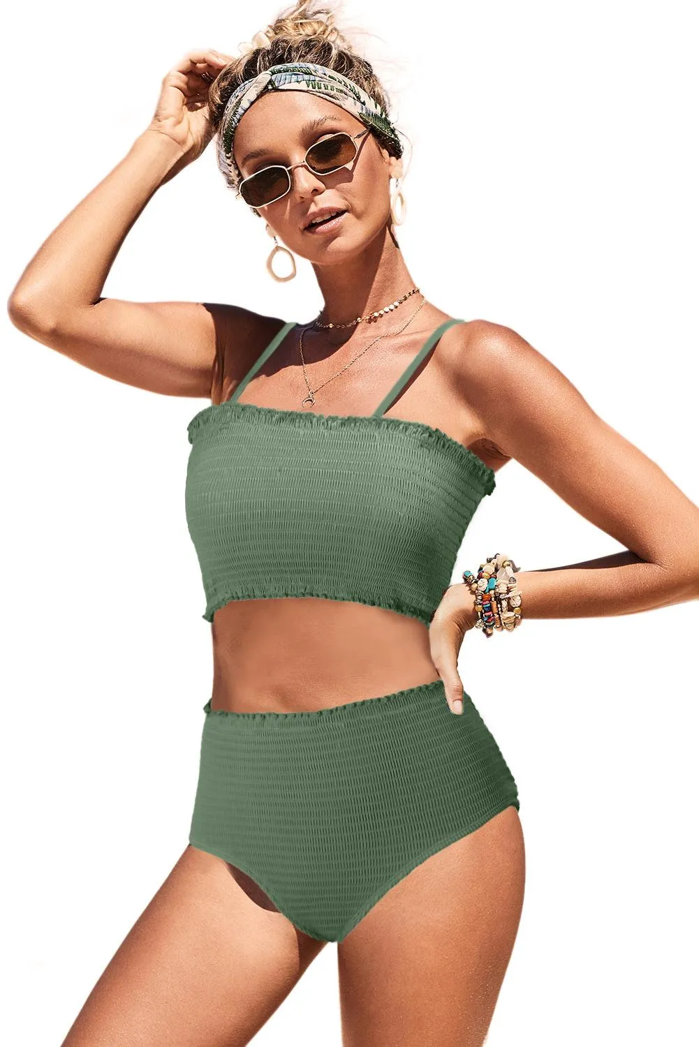 Ruffled Trim Smock Beadeau Top High Waist Bikini Set