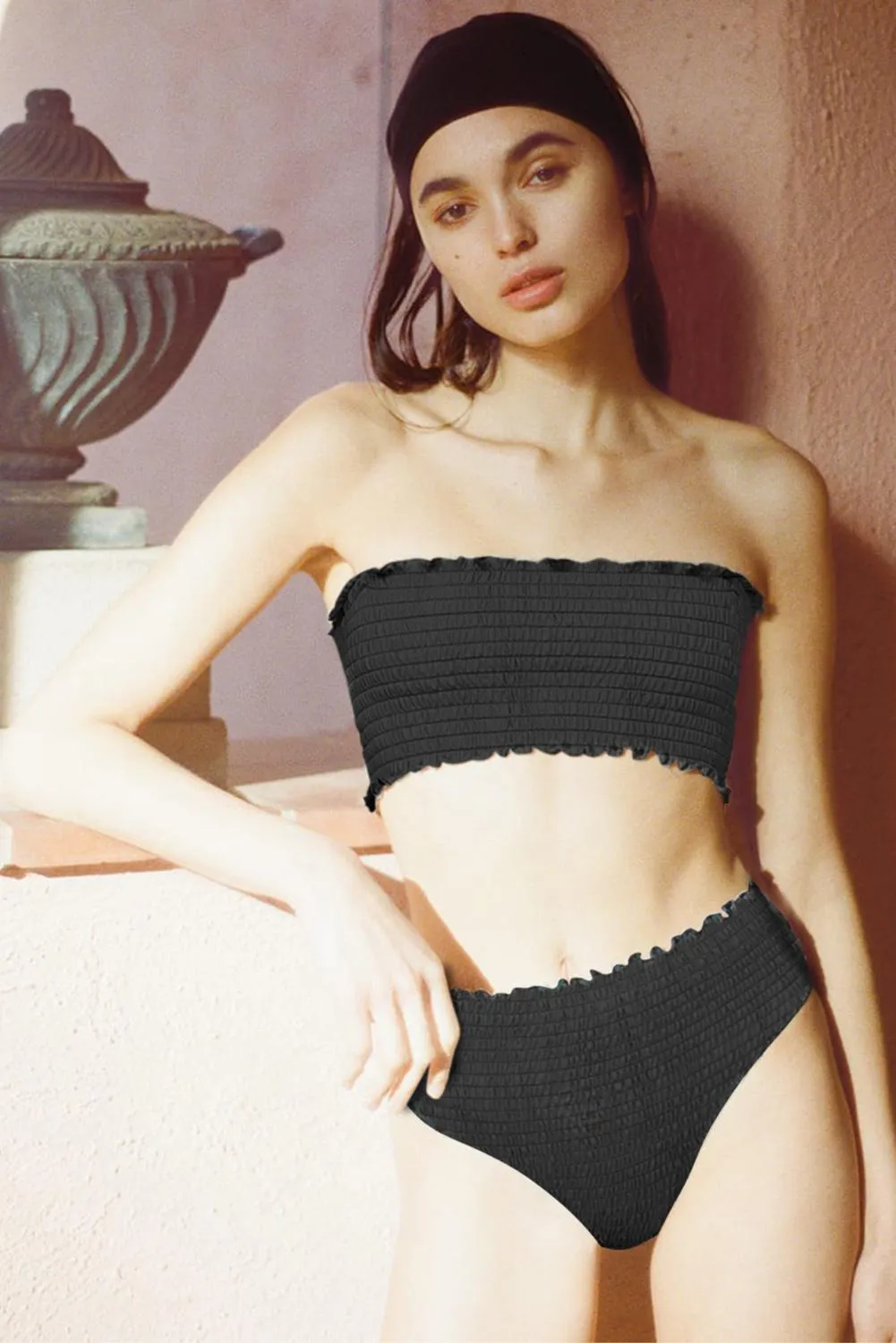 Ruffled Trim Smock Beadeau Top High Waist Bikini Set