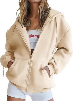 Ruziyoog Fall Sweatshirts for Women Oversized Casual Full-Zip Hoodie Drawstring Jacket with Pockets Teen Girl Y2k Clothing