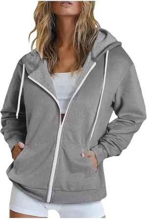 Ruziyoog Fall Sweatshirts for Women Oversized Casual Full-Zip Hoodie Drawstring Jacket with Pockets Teen Girl Y2k Clothing
