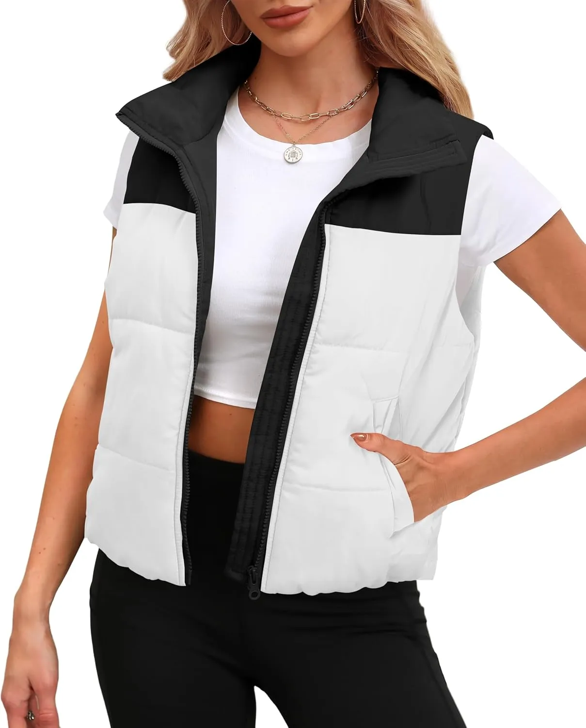 SAMPEEL Puffer Vest Women Cropped Stand Collar Lightweight Padded Outerwear Fall Winter Clothes Warm Zip Up with Pockets