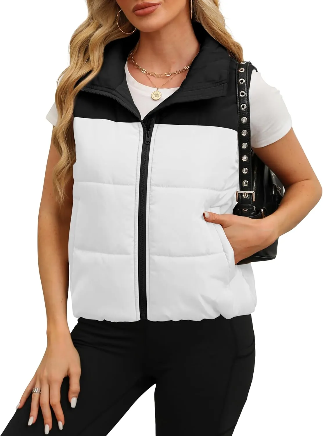 SAMPEEL Puffer Vest Women Cropped Stand Collar Lightweight Padded Outerwear Fall Winter Clothes Warm Zip Up with Pockets