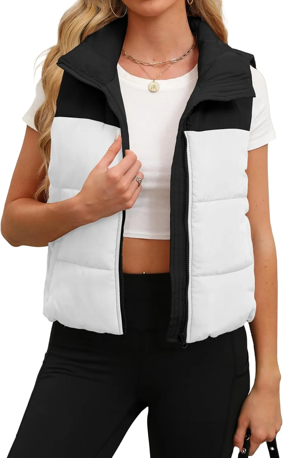 SAMPEEL Puffer Vest Women Cropped Stand Collar Lightweight Padded Outerwear Fall Winter Clothes Warm Zip Up with Pockets