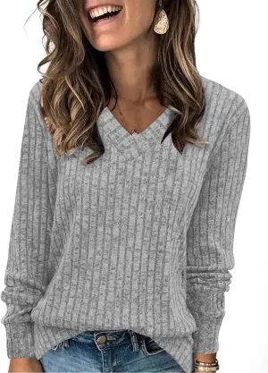 SAMPEEL V Neck Long Sleeve Shirts for Women Casual Fall Tops Lightweight Tunic Sweaters Fashion Clothes 2025