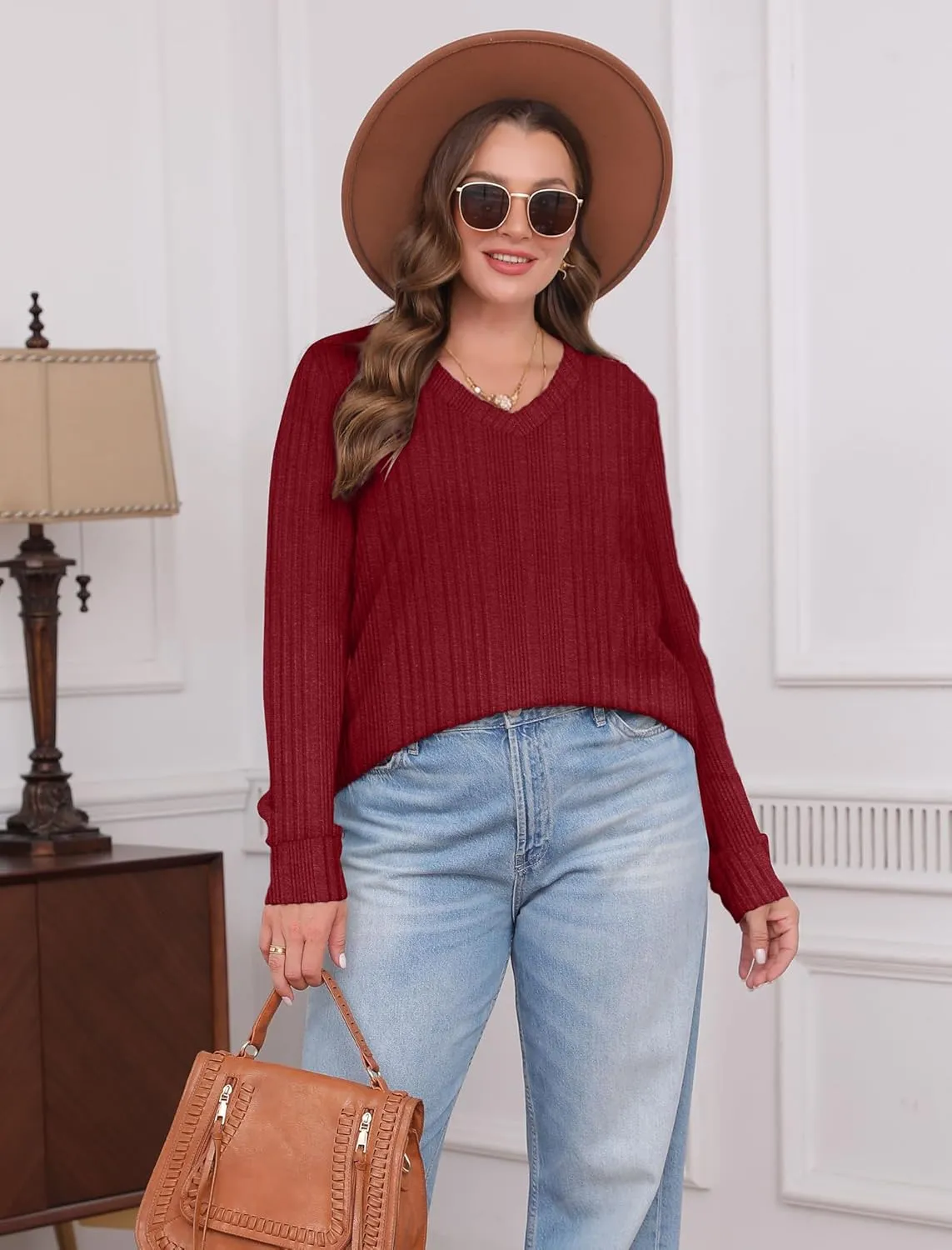 SAMPEEL V Neck Long Sleeve Shirts for Women Casual Fall Tops Lightweight Tunic Sweaters Fashion Clothes 2025