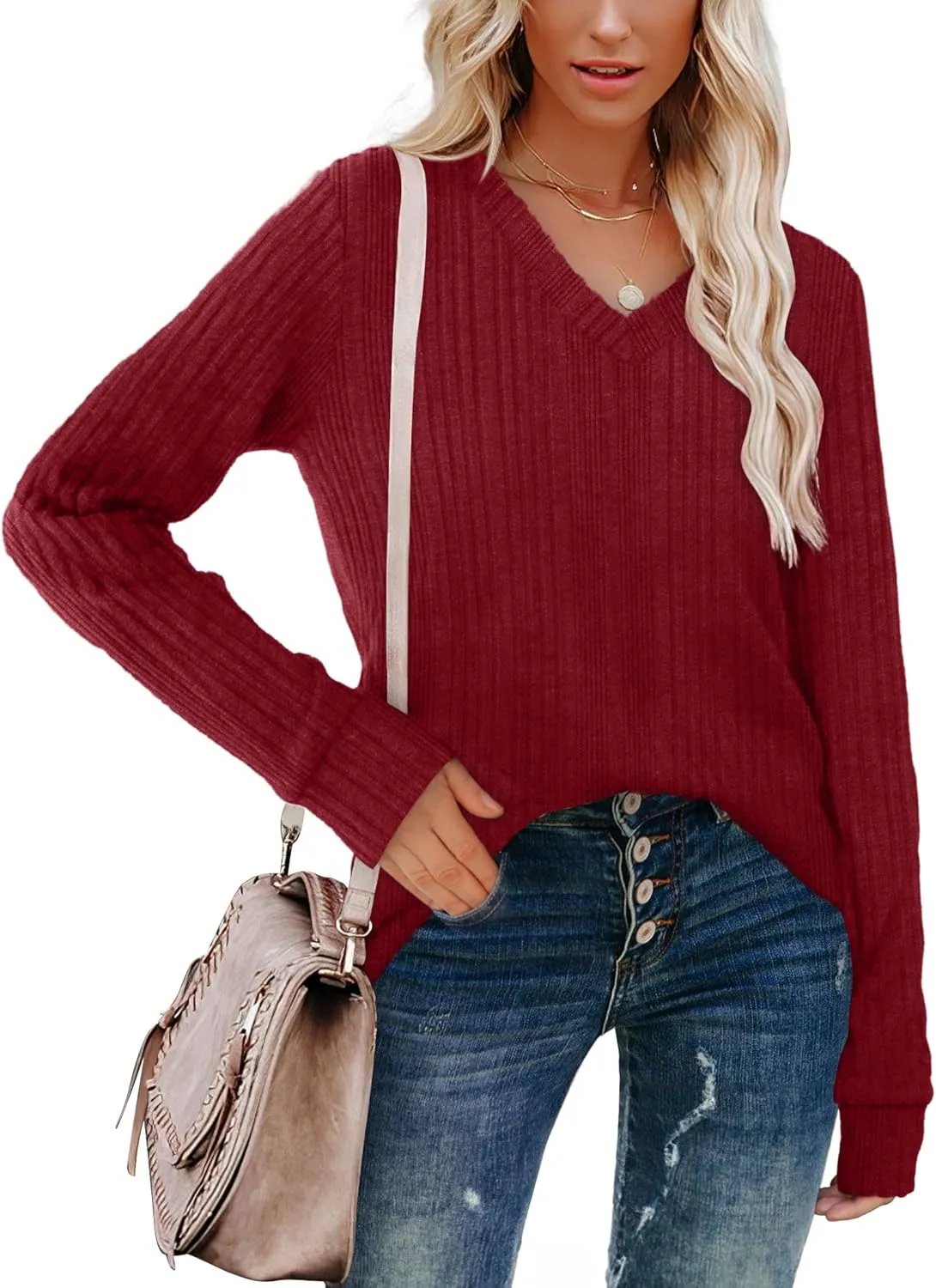 SAMPEEL V Neck Long Sleeve Shirts for Women Casual Fall Tops Lightweight Tunic Sweaters Fashion Clothes 2025