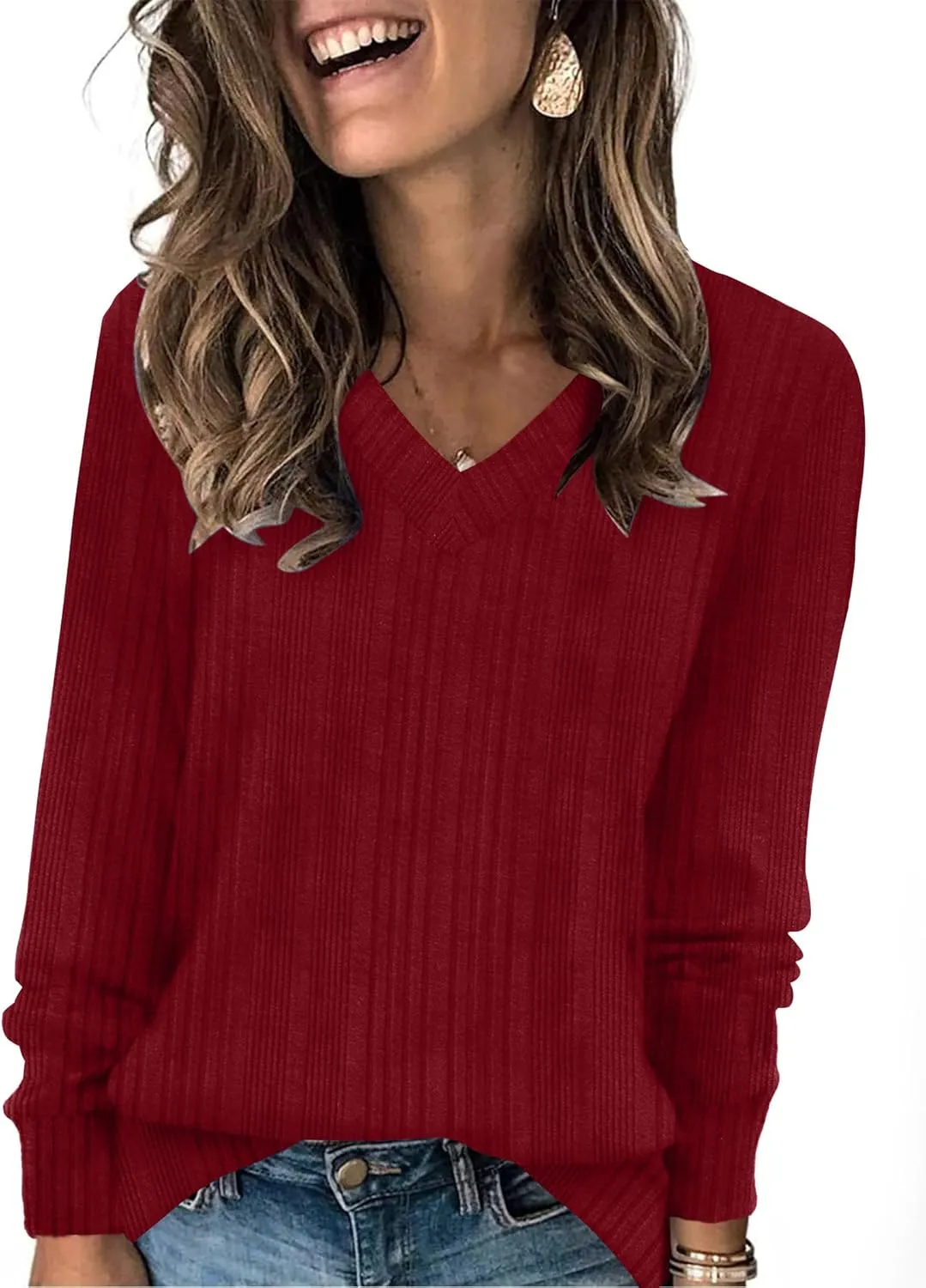 SAMPEEL V Neck Long Sleeve Shirts for Women Casual Fall Tops Lightweight Tunic Sweaters Fashion Clothes 2025