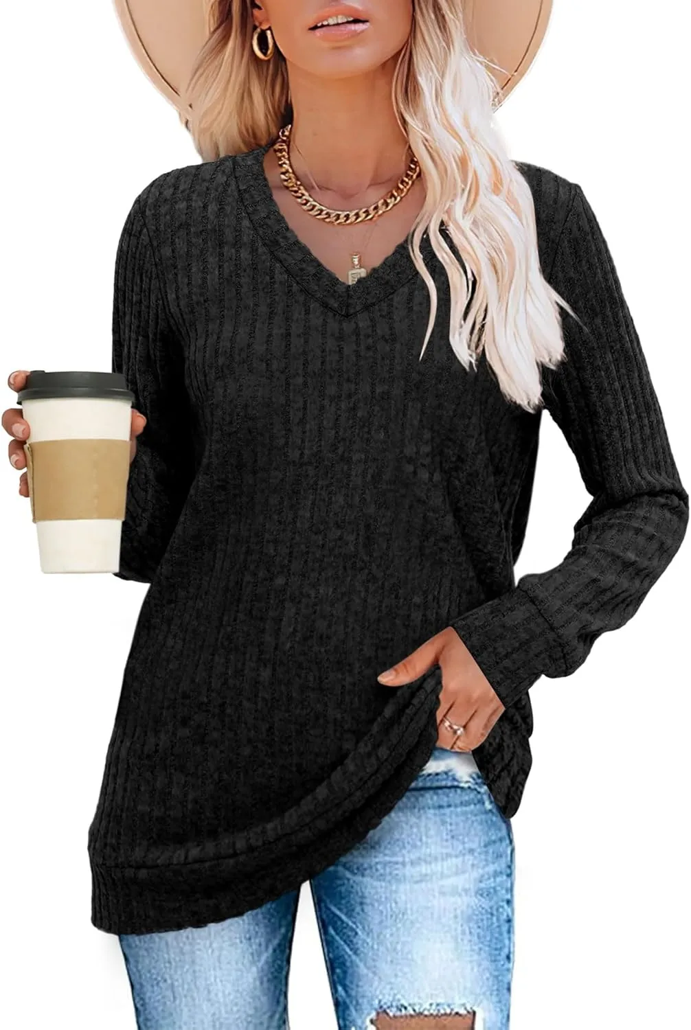 SAMPEEL V Neck Long Sleeve Shirts for Women Casual Fall Tops Lightweight Tunic Sweaters Fashion Clothes 2025