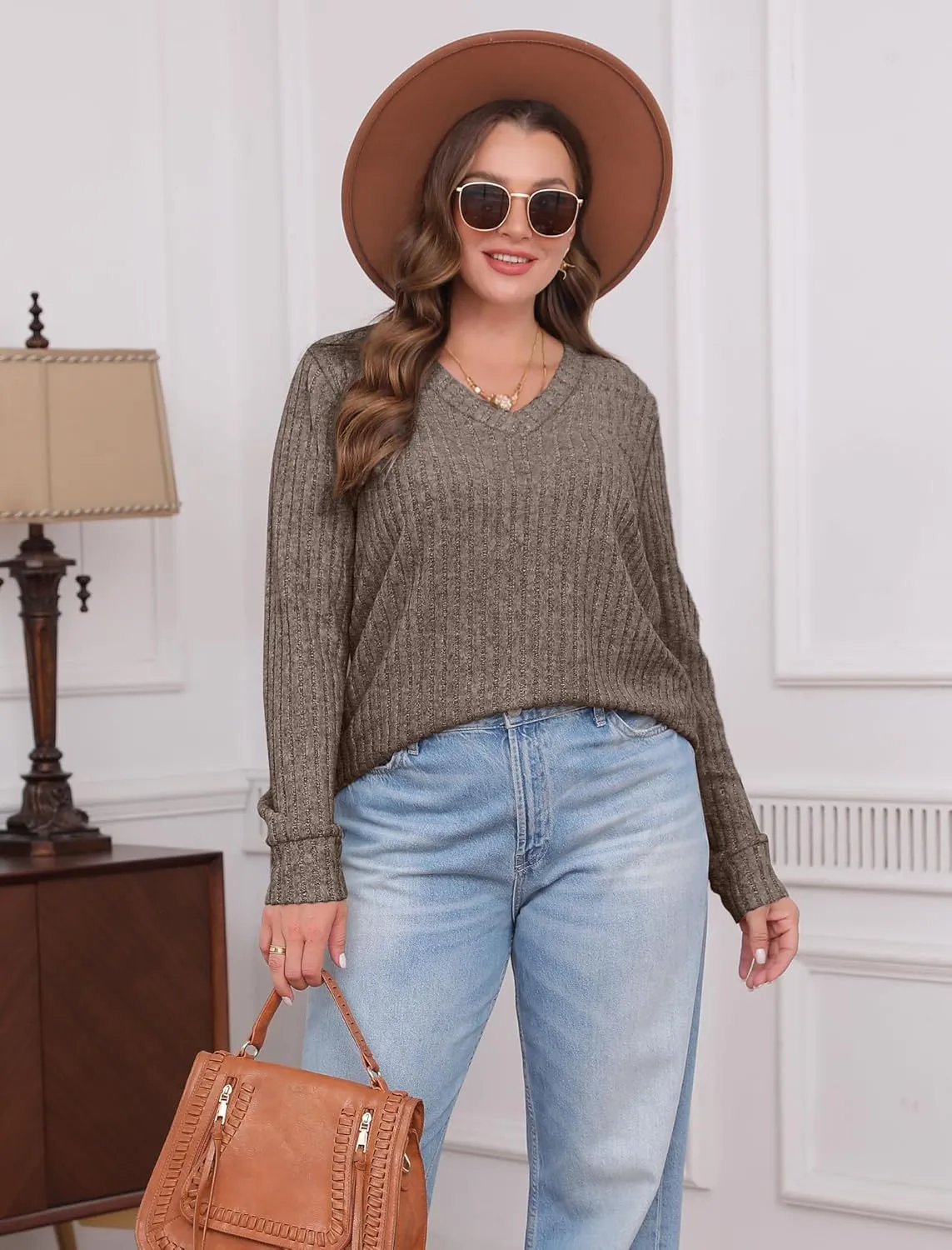SAMPEEL V Neck Long Sleeve Shirts for Women Casual Fall Tops Lightweight Tunic Sweaters Fashion Clothes 2025