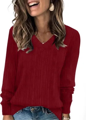 SAMPEEL V Neck Long Sleeve Shirts for Women Casual Fall Tops Lightweight Tunic Sweaters Fashion Clothes 2025