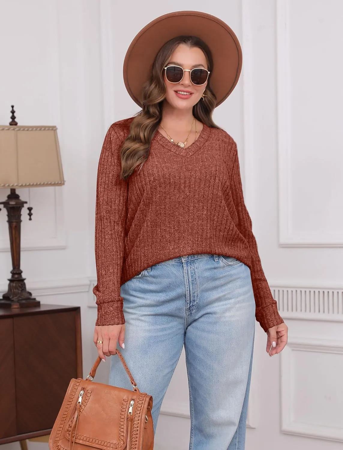 SAMPEEL V Neck Long Sleeve Shirts for Women Casual Fall Tops Lightweight Tunic Sweaters Fashion Clothes 2025