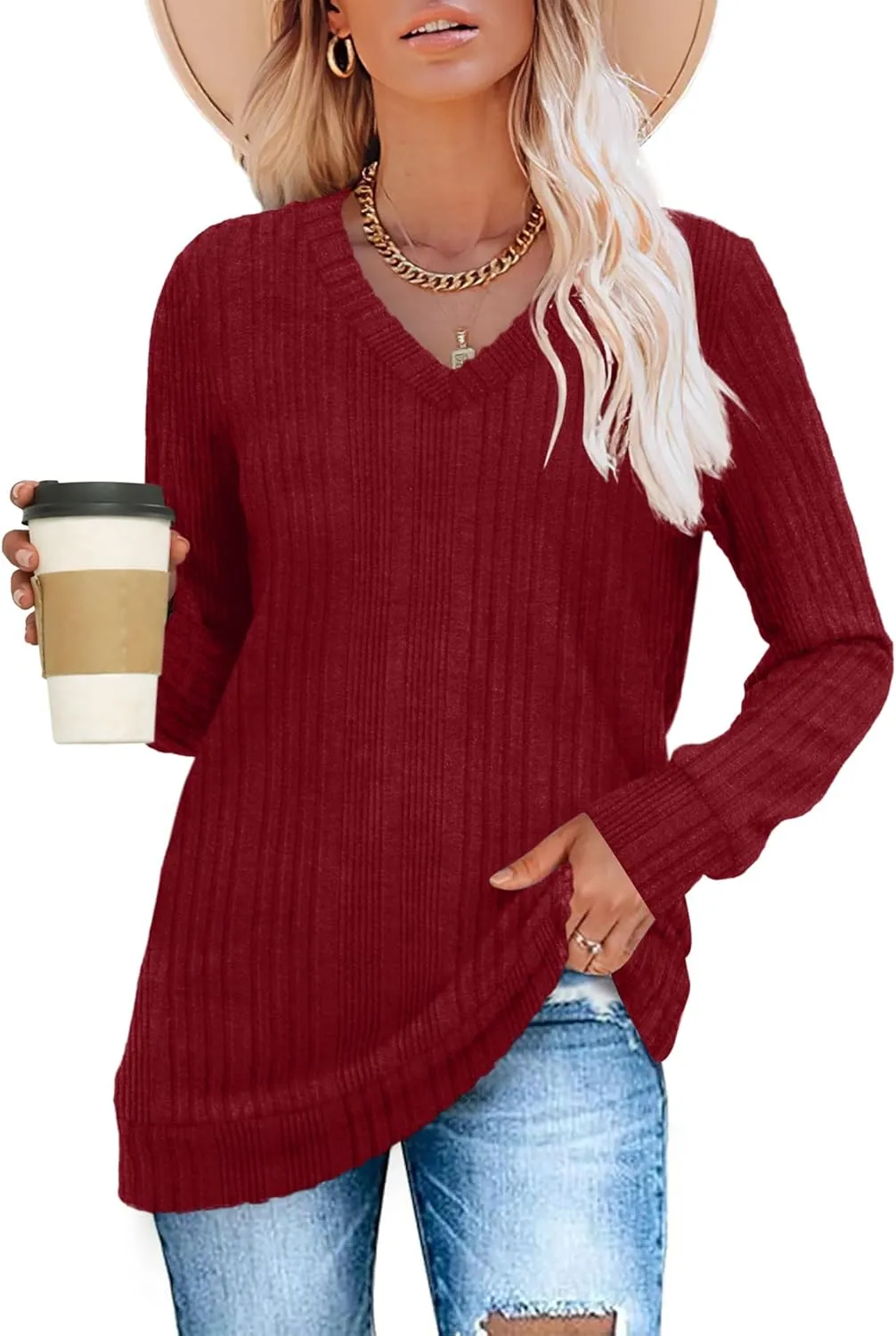 SAMPEEL V Neck Long Sleeve Shirts for Women Casual Fall Tops Lightweight Tunic Sweaters Fashion Clothes 2025