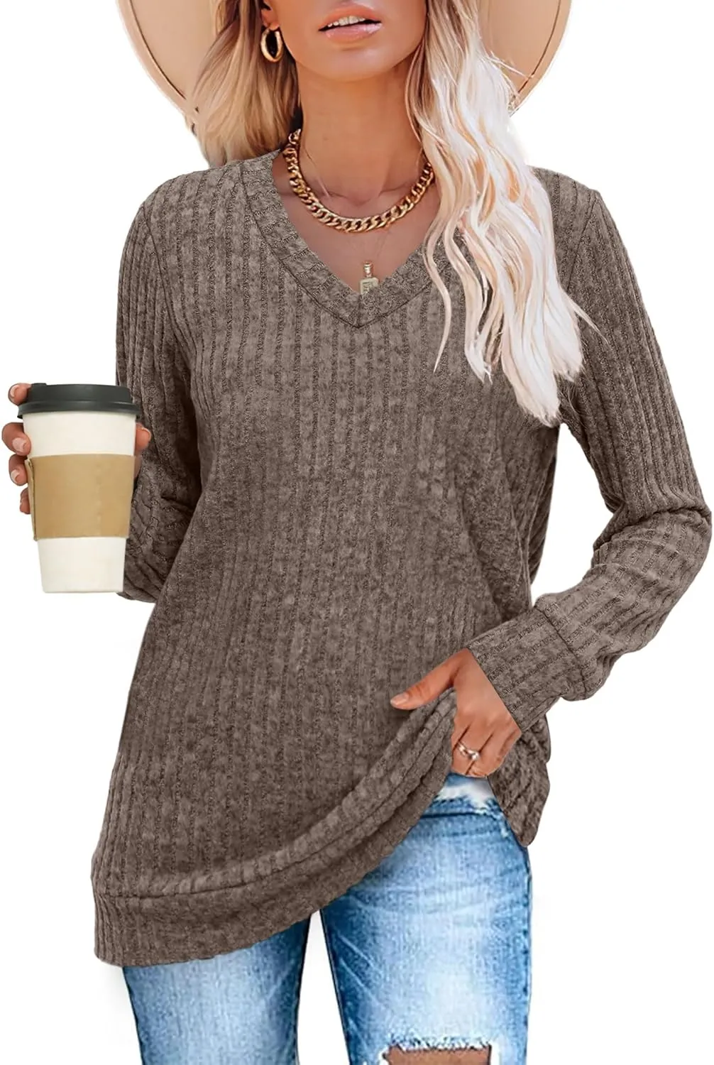 SAMPEEL V Neck Long Sleeve Shirts for Women Casual Fall Tops Lightweight Tunic Sweaters Fashion Clothes 2025