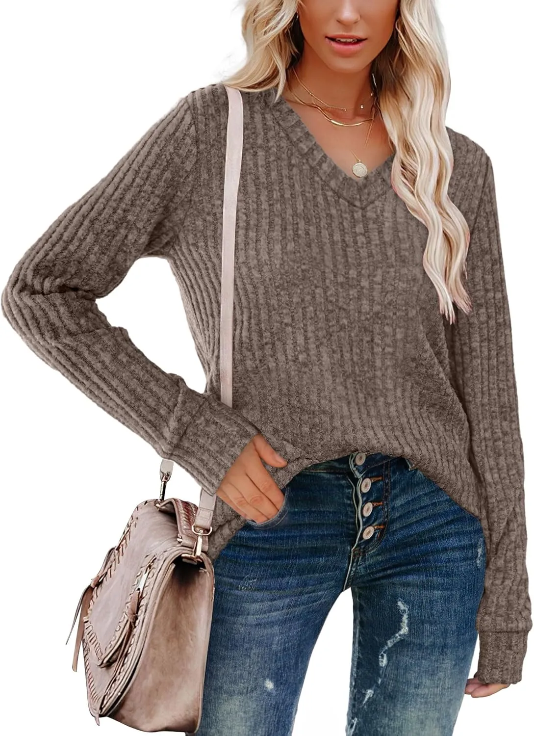 SAMPEEL V Neck Long Sleeve Shirts for Women Casual Fall Tops Lightweight Tunic Sweaters Fashion Clothes 2025