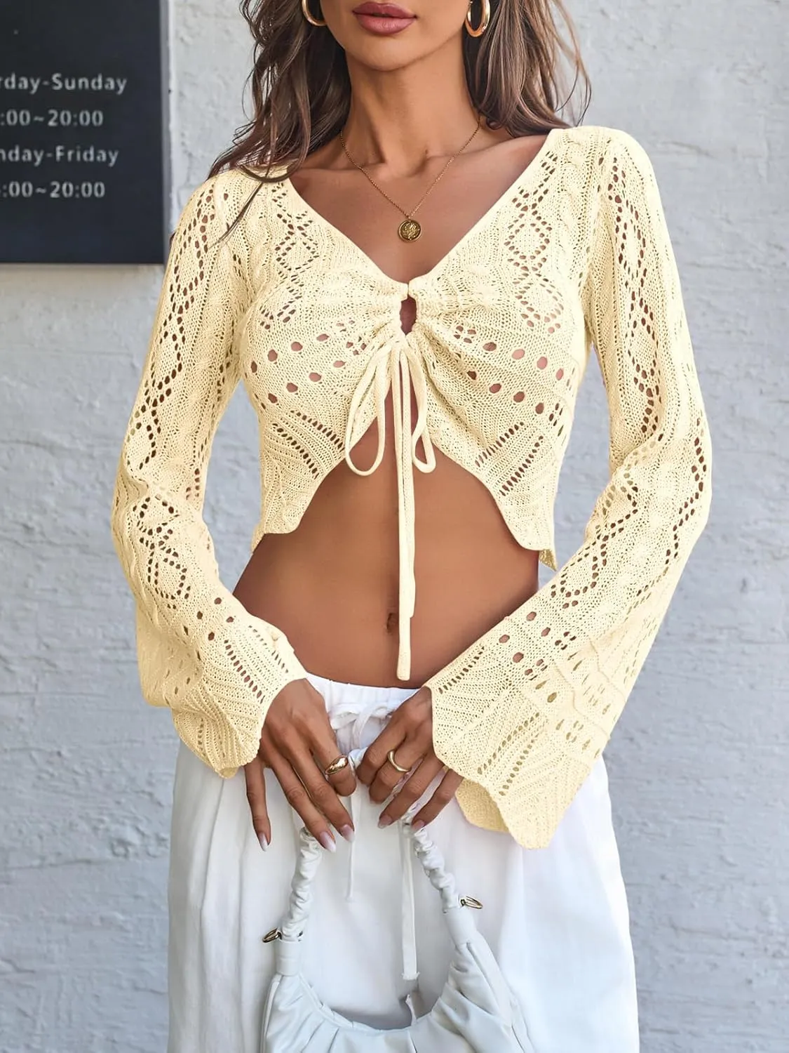 Saodimallsu Womens Crochet Crop Tops Tie Front Bell Long Sleeve Cardigan V Neck Lightweight Knit Shrug Sweaters