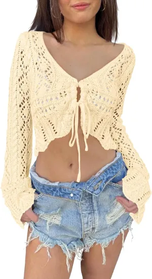 Saodimallsu Womens Crochet Crop Tops Tie Front Bell Long Sleeve Cardigan V Neck Lightweight Knit Shrug Sweaters