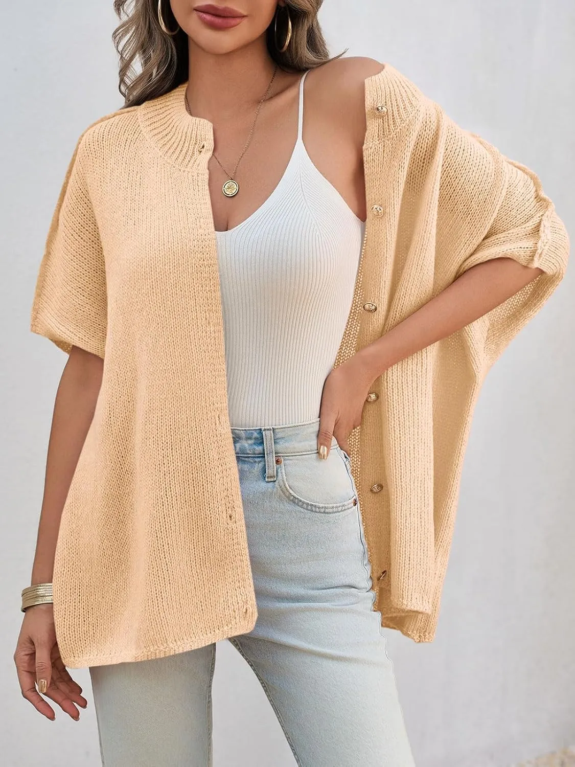 Saodimallsu Womens Oversized Cardigan Sweaters Short Sleeve Button Down Casual Lightweight Loose Knit Trendy Cardigans