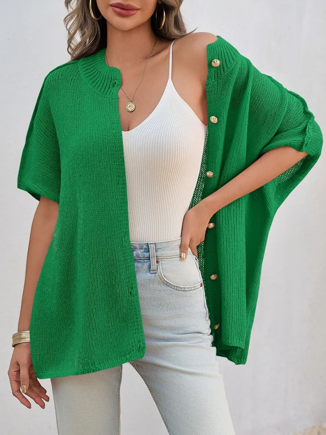 Saodimallsu Womens Oversized Cardigan Sweaters Short Sleeve Button Down Casual Lightweight Loose Knit Trendy Cardigans