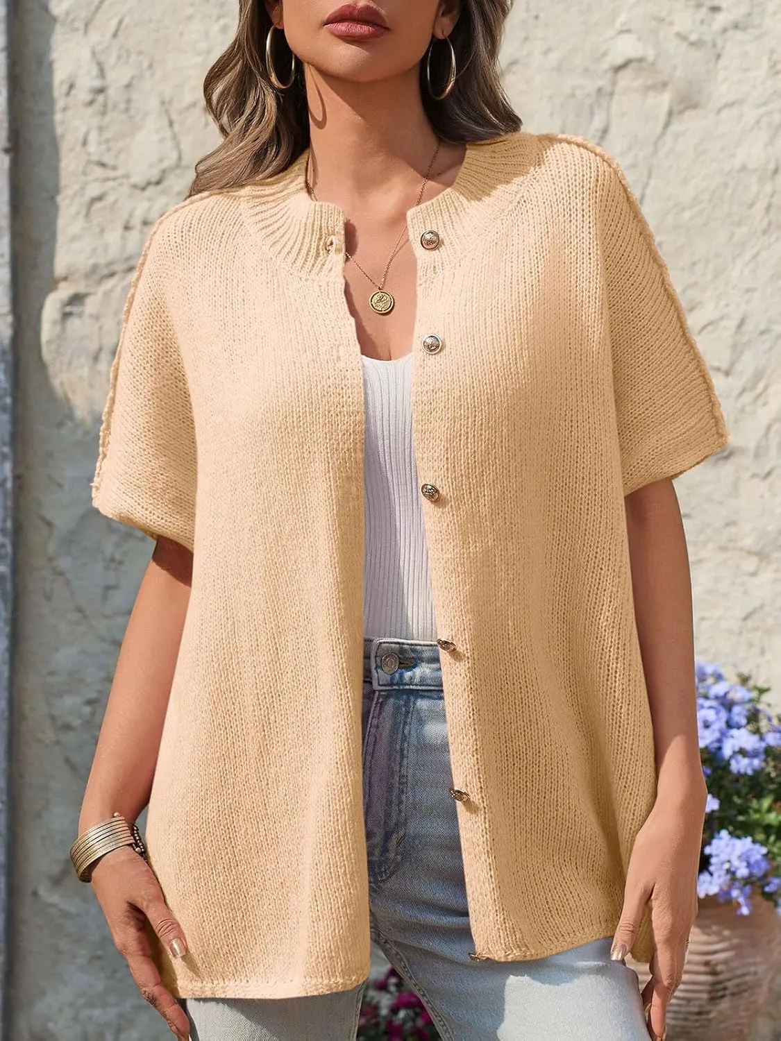 Saodimallsu Womens Oversized Cardigan Sweaters Short Sleeve Button Down Casual Lightweight Loose Knit Trendy Cardigans
