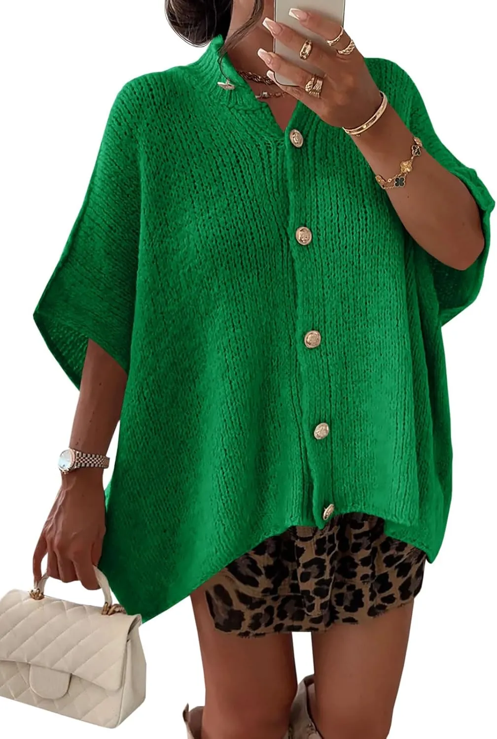 Saodimallsu Womens Oversized Cardigan Sweaters Short Sleeve Button Down Casual Lightweight Loose Knit Trendy Cardigans