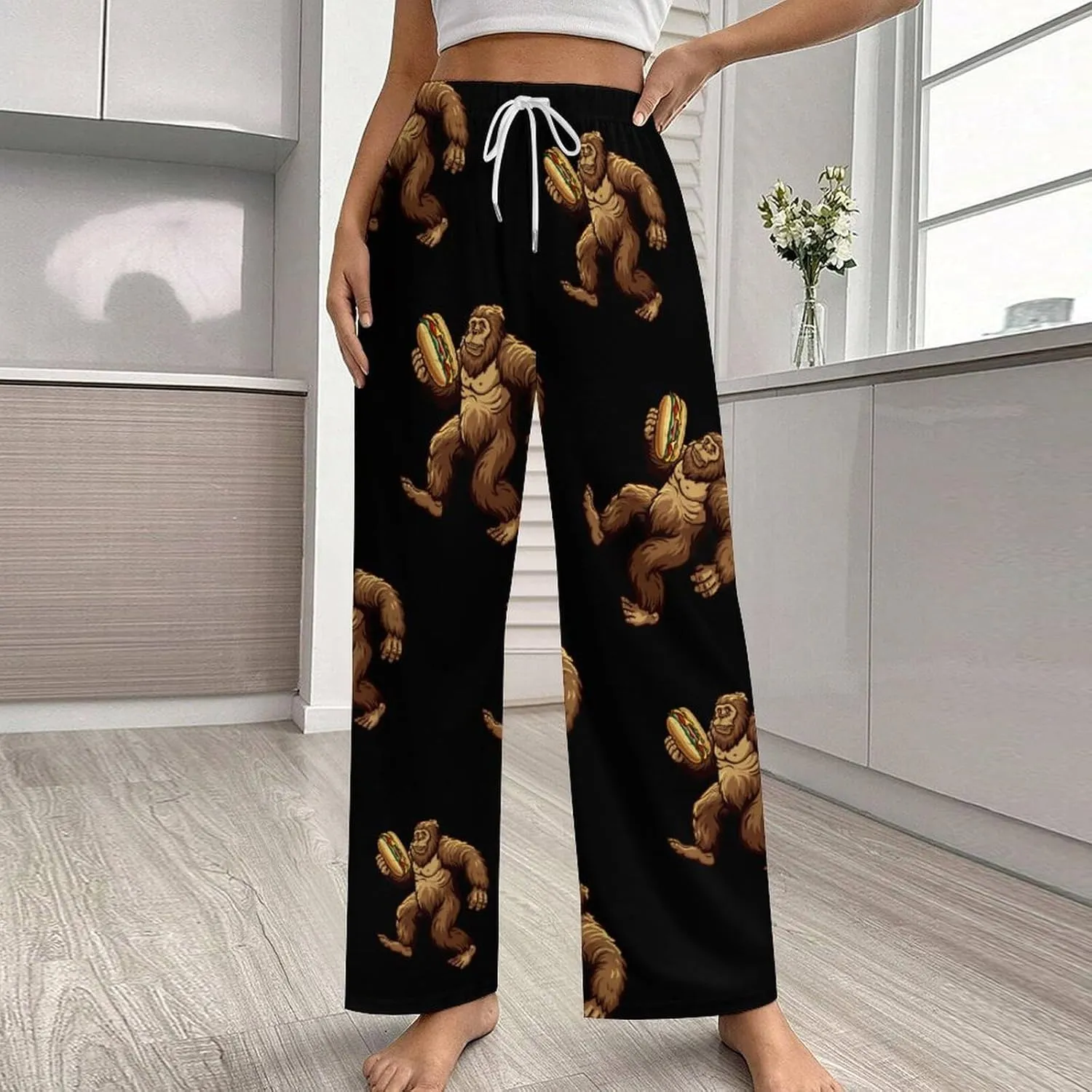 Sasquatch Bigfoot Carrying Hotdog Womens Lounge Pants Soft Pajama Pants Sleepwear Drawstring PJ Bottoms