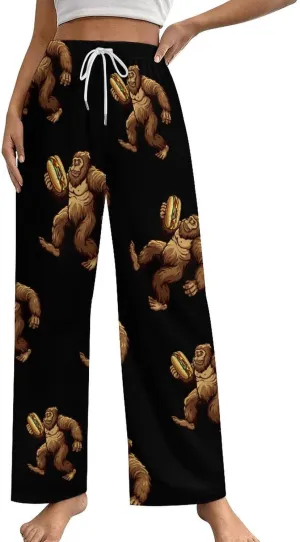 Sasquatch Bigfoot Carrying Hotdog Womens Lounge Pants Soft Pajama Pants Sleepwear Drawstring PJ Bottoms