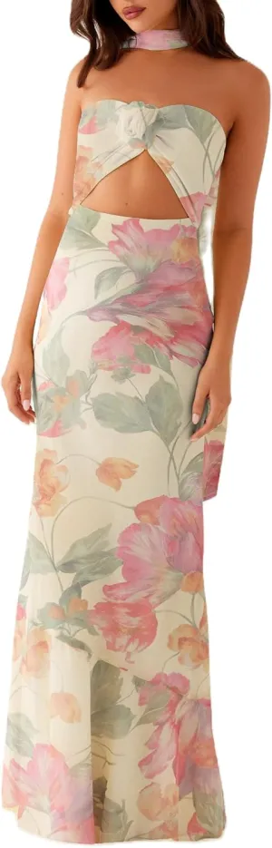 Sastianaen Women Y2k Strapless Tube Long Dress Floral Print Cut Out Backless Maxi Dress Summer Beach Sundress