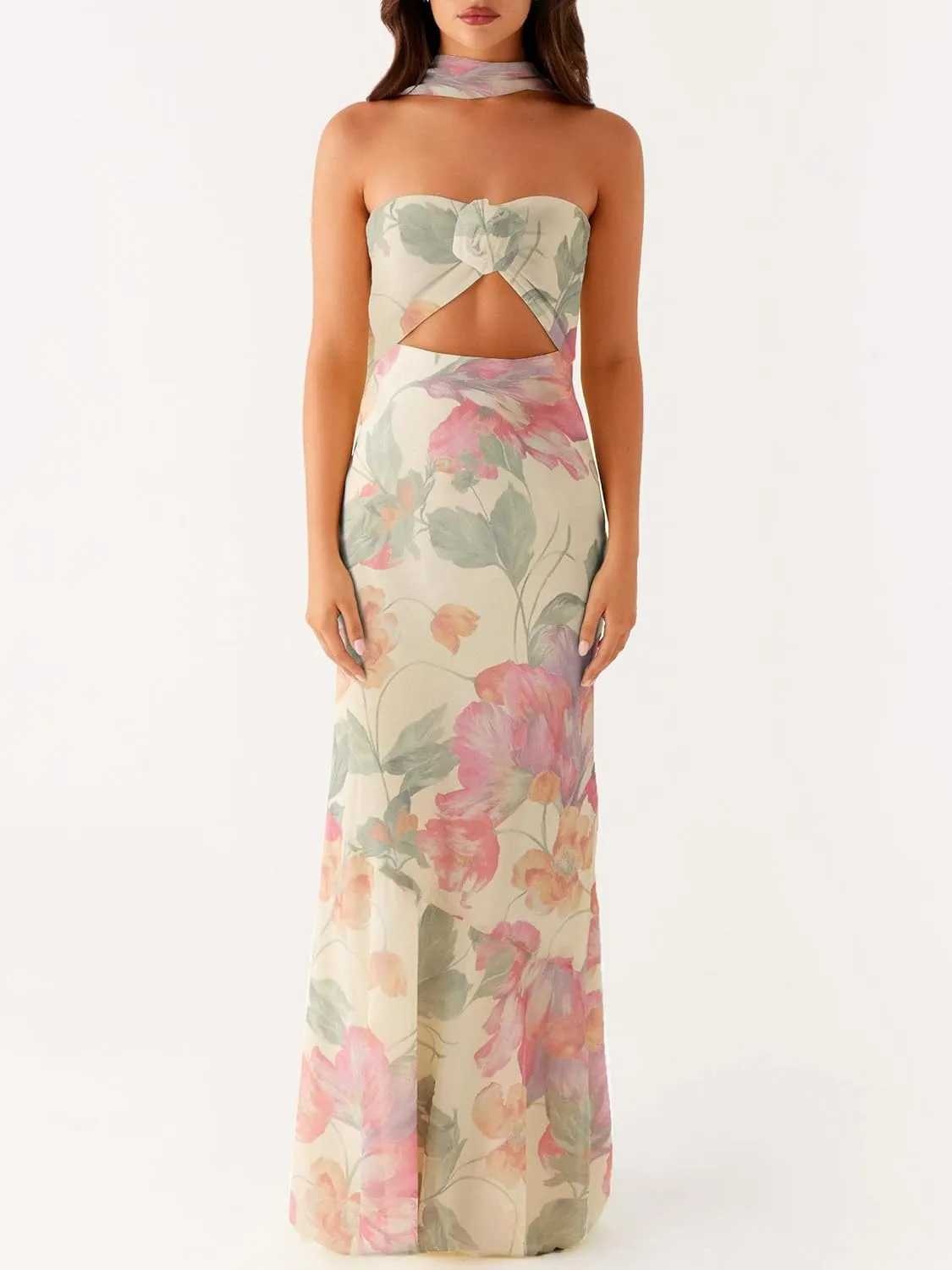Sastianaen Women Y2k Strapless Tube Long Dress Floral Print Cut Out Backless Maxi Dress Summer Beach Sundress