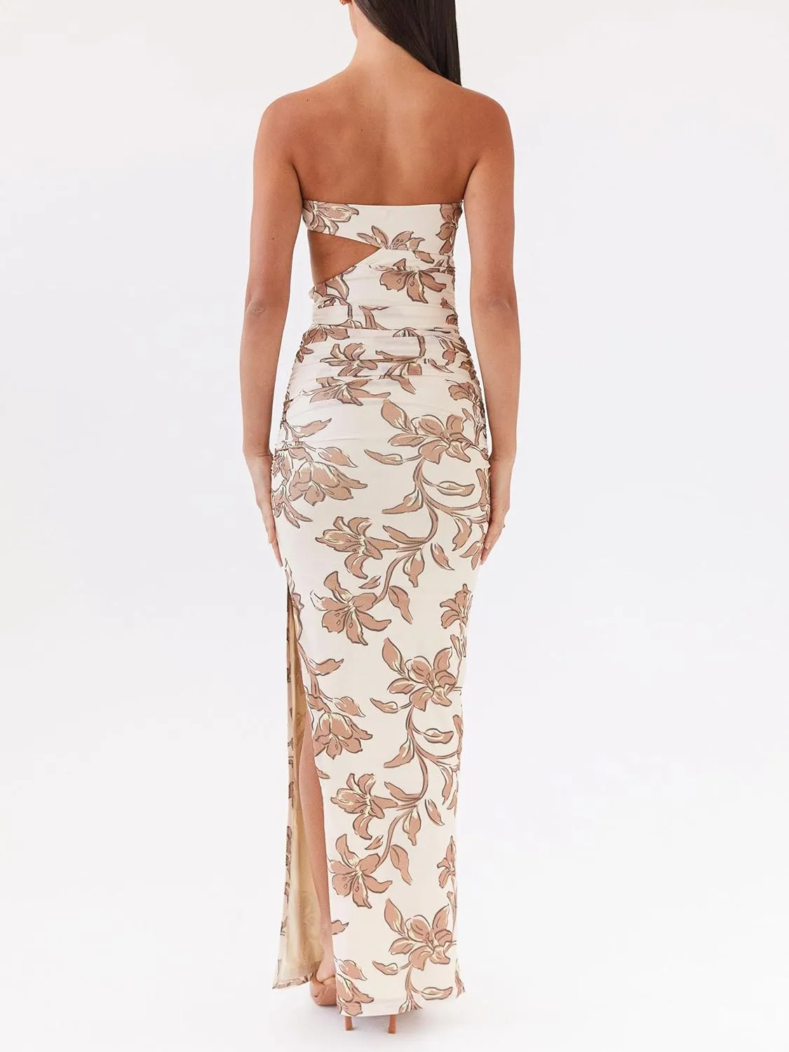 Sastianaen Women Y2k Strapless Tube Long Dress Floral Print Cut Out Backless Maxi Dress Summer Beach Sundress