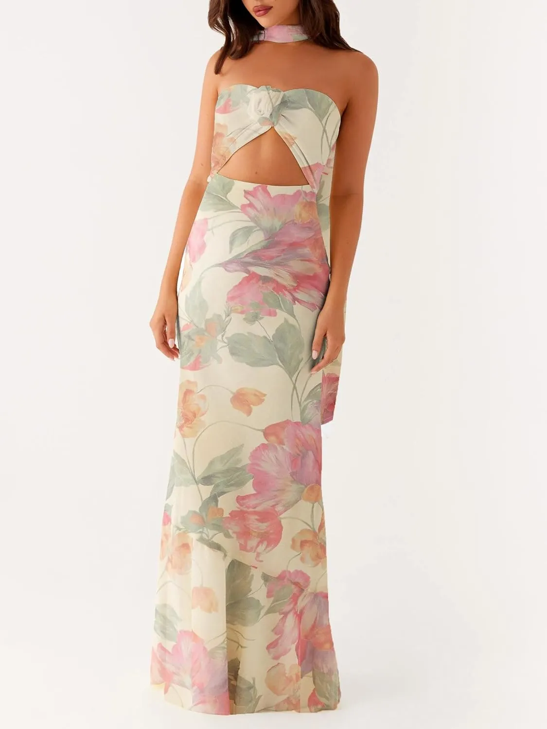 Sastianaen Women Y2k Strapless Tube Long Dress Floral Print Cut Out Backless Maxi Dress Summer Beach Sundress