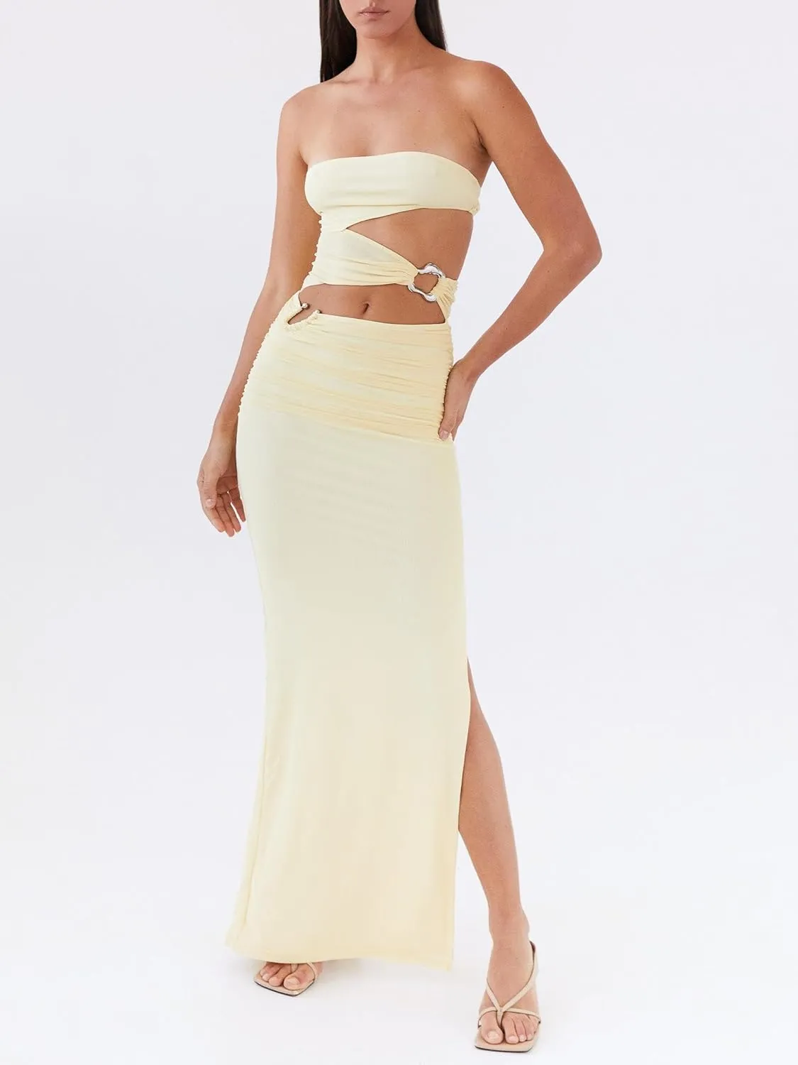 Sastianaen Women Y2k Strapless Tube Long Dress Floral Print Cut Out Backless Maxi Dress Summer Beach Sundress