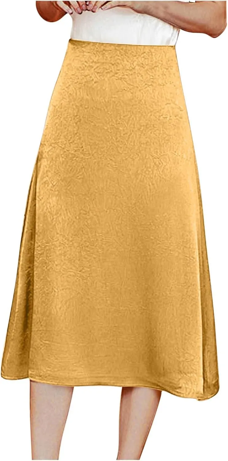 Satin Long Skirt for Women Dressy Elastic High Waisted A Line Maxi Skirt 2025 Summer Casual Loose Solid Trendy Outfit