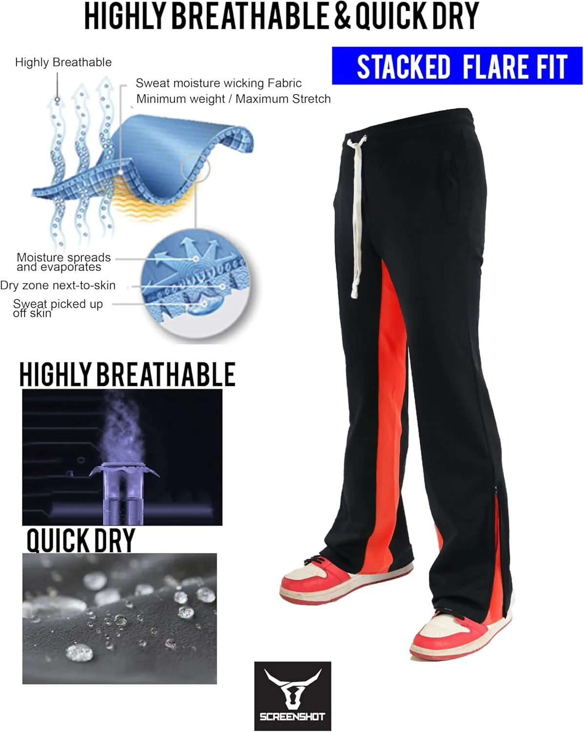 SCREENSHOT Track Pants 3202 Mens Streetwear Premium Stacked Flare Fit Urban Track Pants Workout Athletic Bottoms