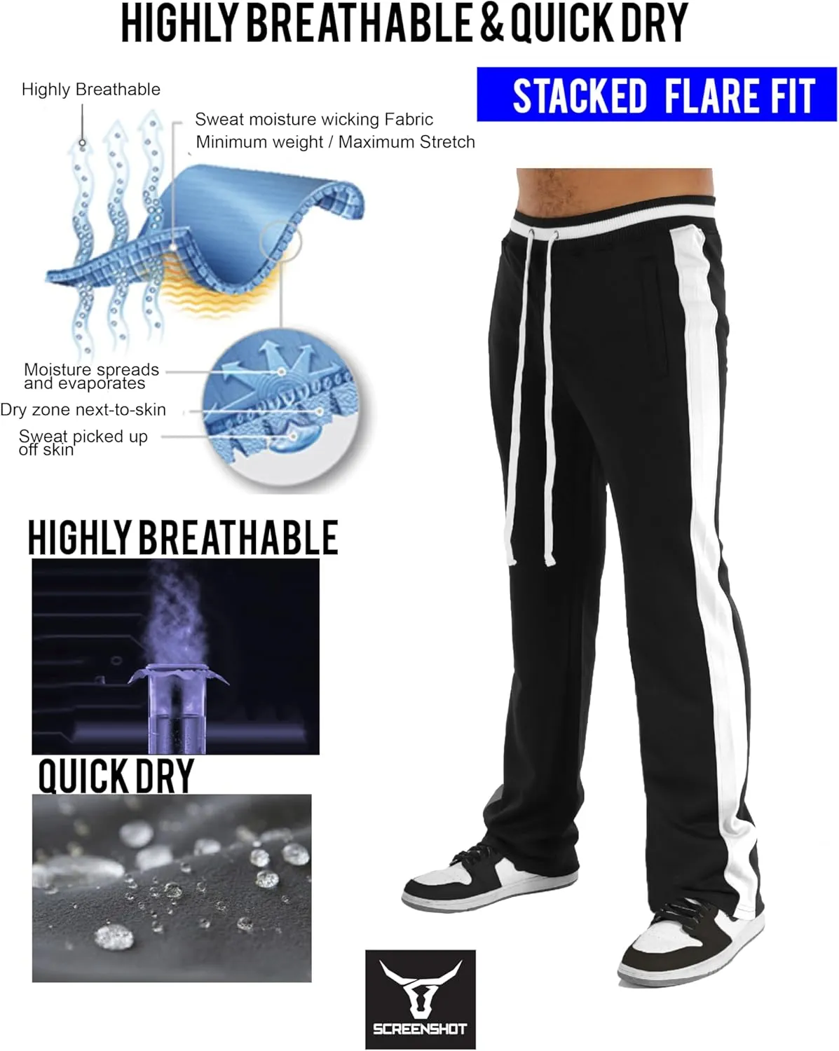 SCREENSHOT Track Pants 3202 Mens Streetwear Premium Stacked Flare Fit Urban Track Pants Workout Athletic Bottoms