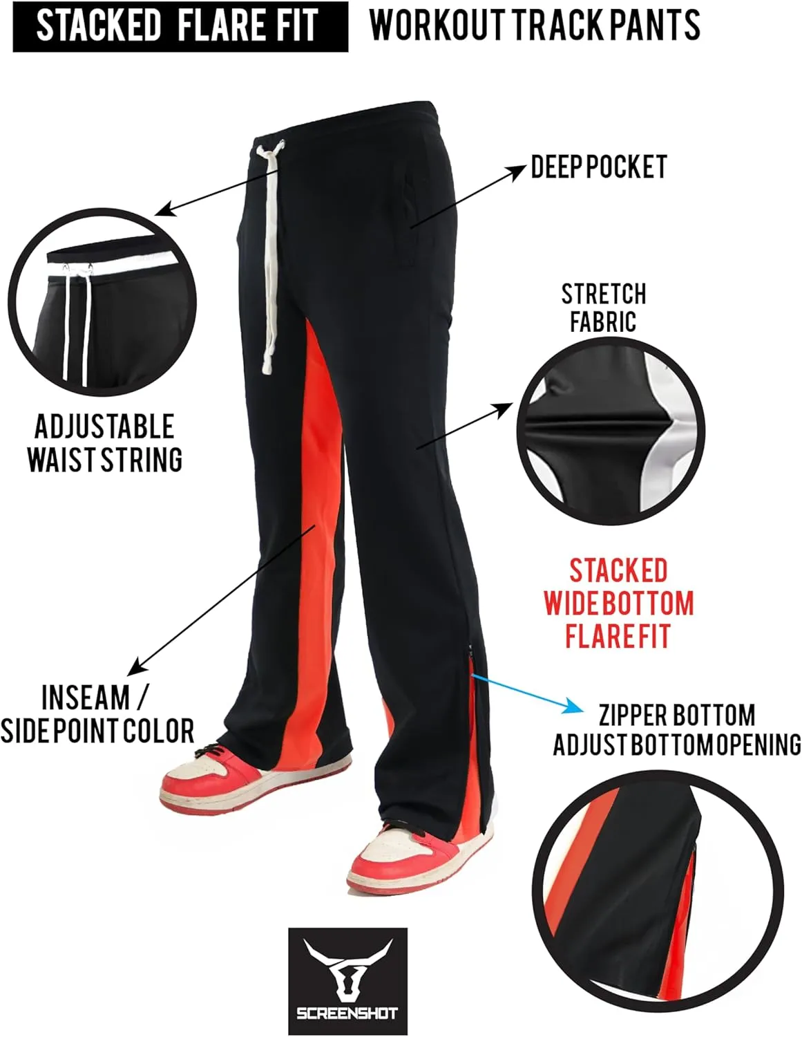 SCREENSHOT Track Pants 3202 Mens Streetwear Premium Stacked Flare Fit Urban Track Pants Workout Athletic Bottoms