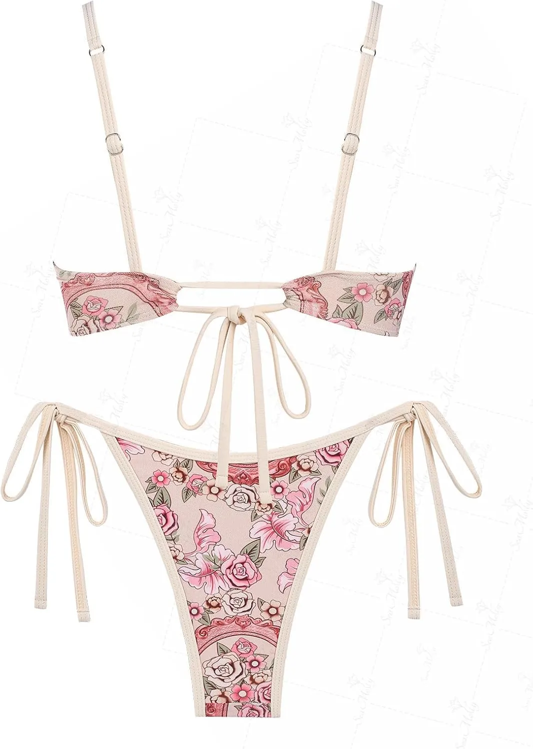 seamoly Gingham Spliced Ruched Ruffles Trim Bowknot Decor Tie Side Bikini Set