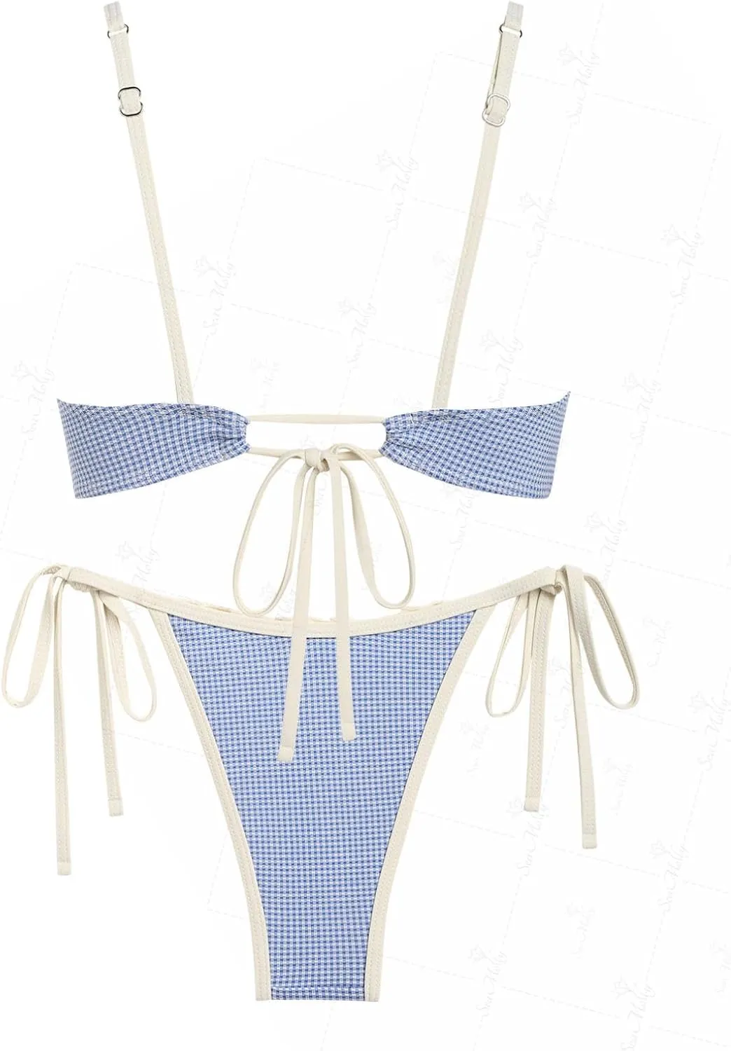 seamoly Gingham Spliced Ruched Ruffles Trim Bowknot Decor Tie Side Bikini Set