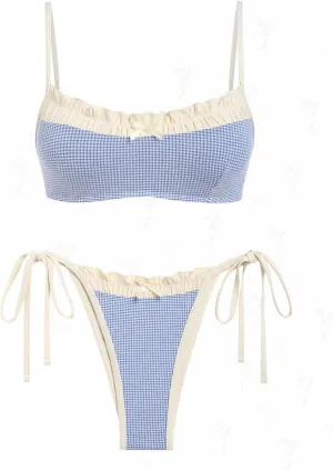 seamoly Gingham Spliced Ruched Ruffles Trim Bowknot Decor Tie Side Bikini Set