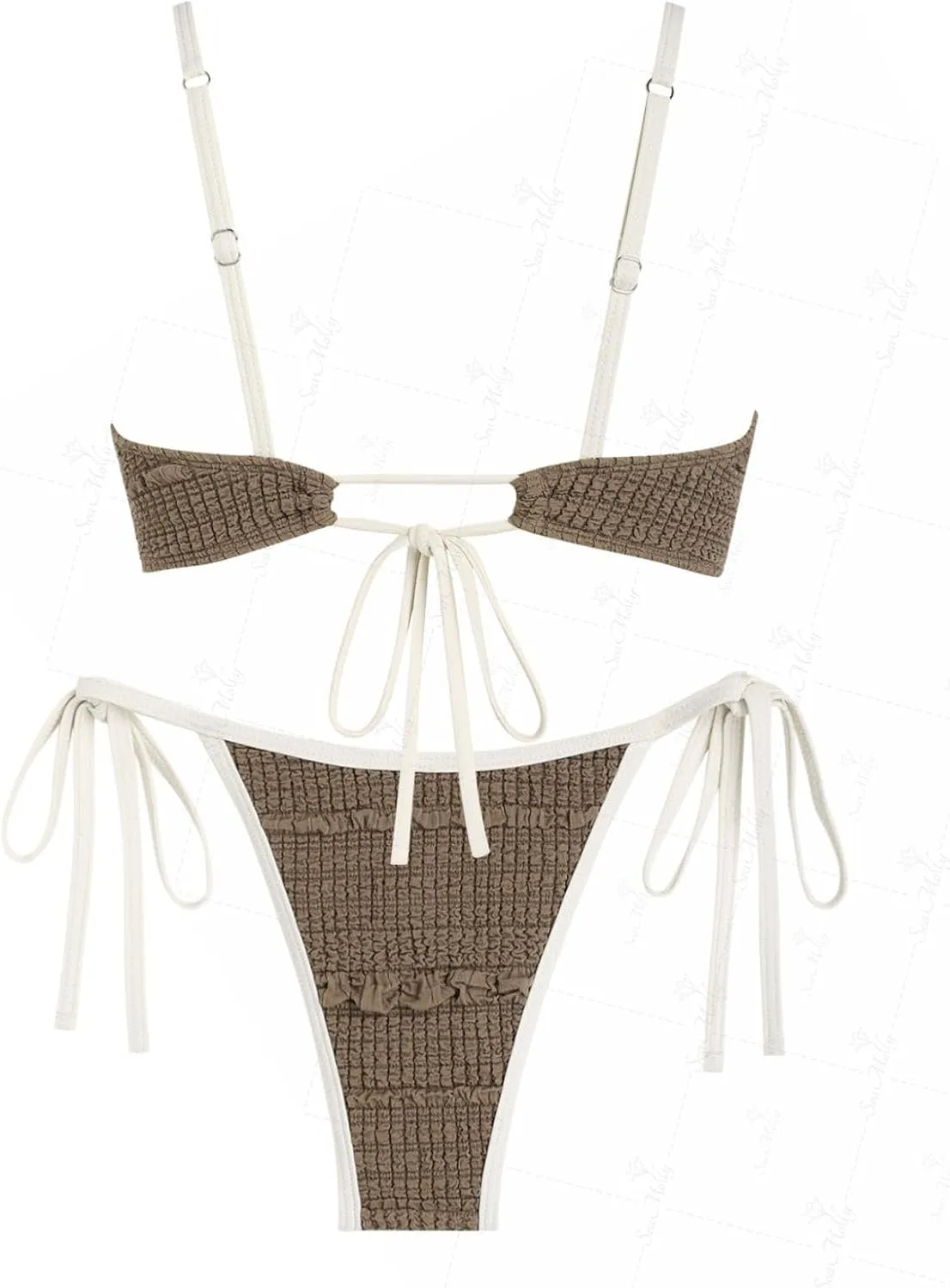 seamoly Gingham Spliced Ruched Ruffles Trim Bowknot Decor Tie Side Bikini Set