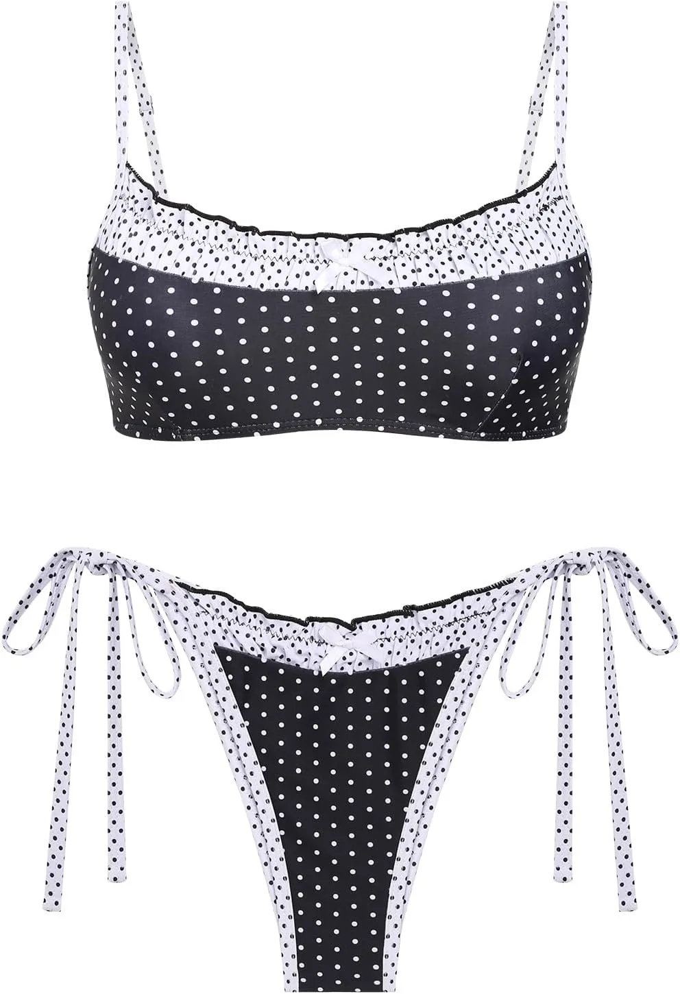 seamoly Gingham Spliced Ruched Ruffles Trim Bowknot Decor Tie Side Bikini Set