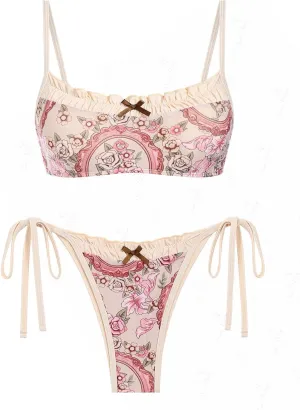 seamoly Gingham Spliced Ruched Ruffles Trim Bowknot Decor Tie Side Bikini Set