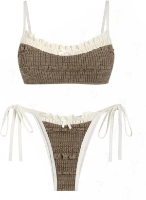 seamoly Gingham Spliced Ruched Ruffles Trim Bowknot Decor Tie Side Bikini Set