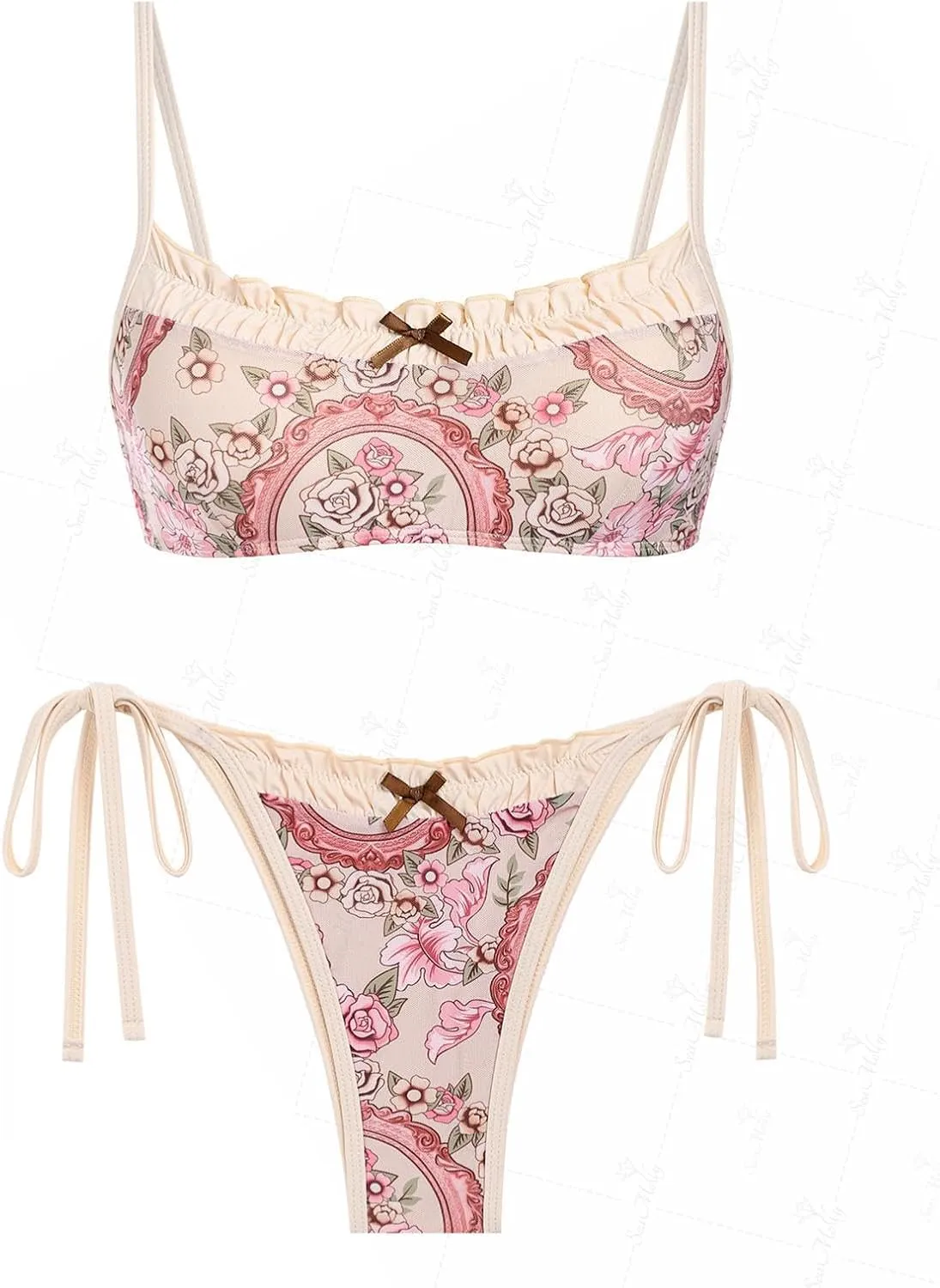 seamoly Gingham Spliced Ruched Ruffles Trim Bowknot Decor Tie Side Bikini Set