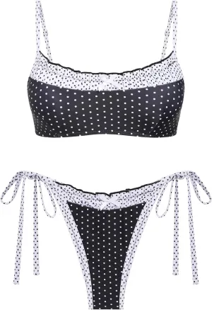 seamoly Gingham Spliced Ruched Ruffles Trim Bowknot Decor Tie Side Bikini Set