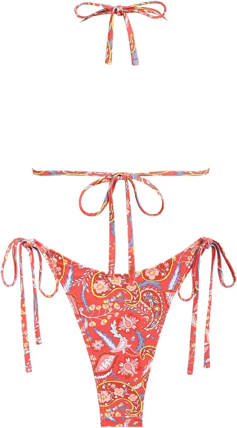 seamoly Tie Side Floral Smocked Shirred Triangle Bikini Set