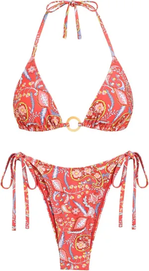seamoly Tie Side Floral Smocked Shirred Triangle Bikini Set