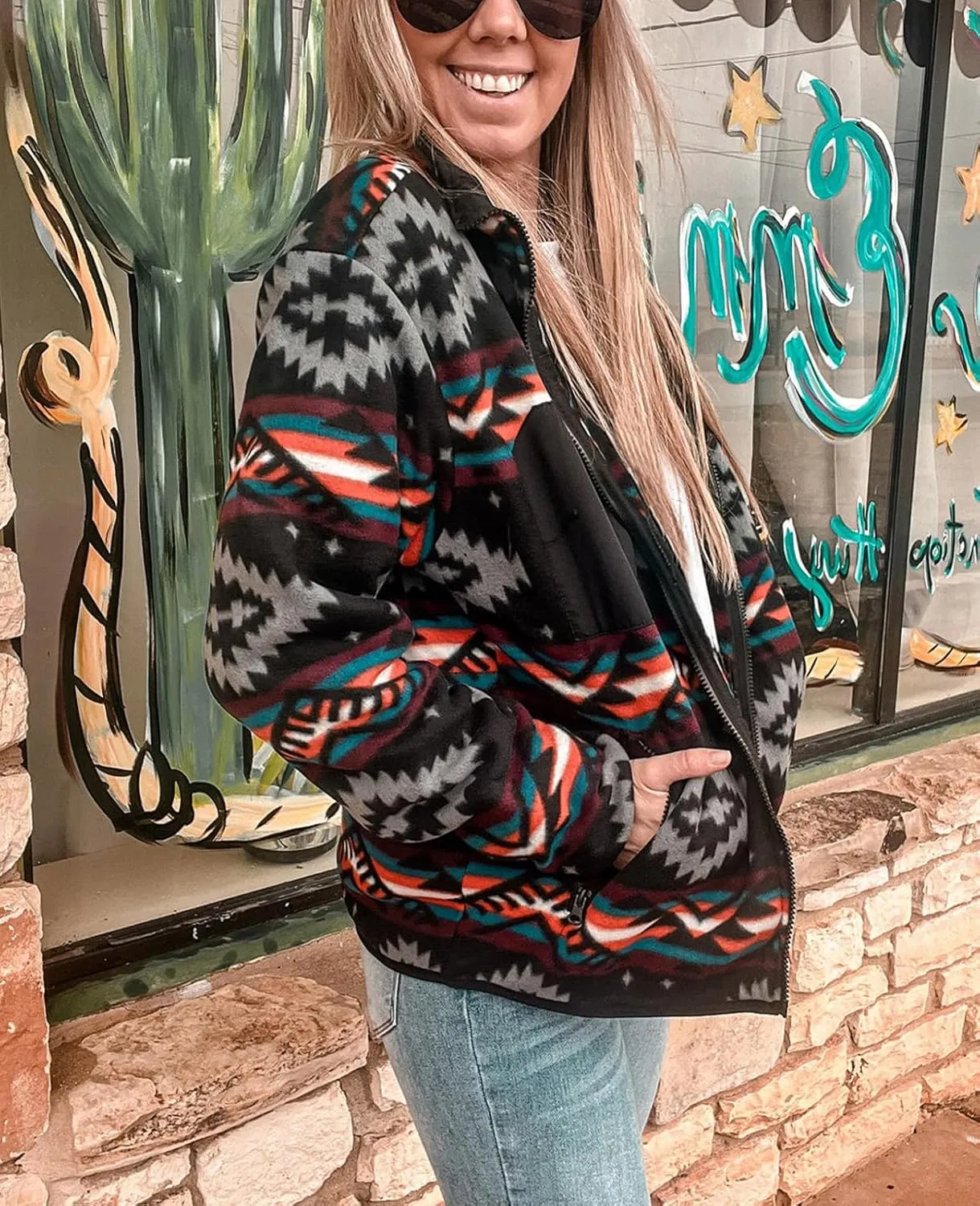SELINK Fleece Jacket Women Full Zip Western Aztec Print Button Down Coat with Pockets Casual Warm Outwear 2024