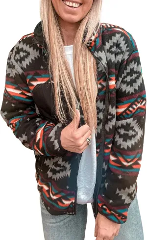 SELINK Fleece Jacket Women Full Zip Western Aztec Print Button Down Coat with Pockets Casual Warm Outwear 2024