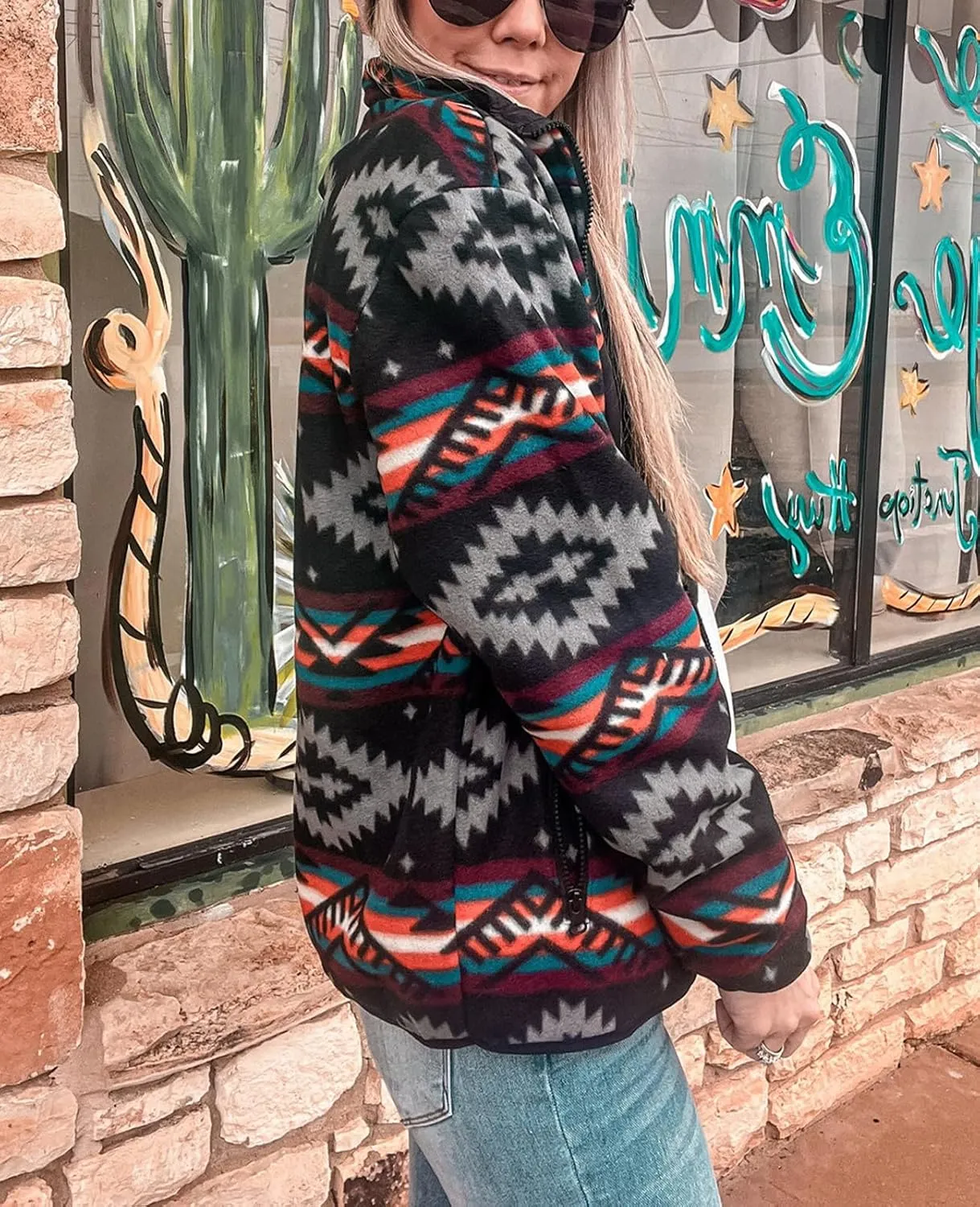 SELINK Fleece Jacket Women Full Zip Western Aztec Print Button Down Coat with Pockets Casual Warm Outwear 2024